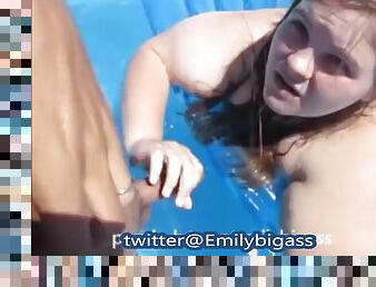 Tan line mom sucks stepsons cock and swallows his cum in the pool
