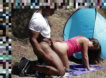 Black dude fucks bitch in the ass and pussy during camping trip