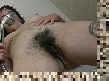 Girl washes her hairy armpits and pussy