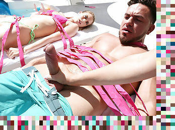 Peter Green banks two gorgeous babes by the pool