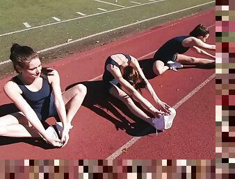Naughty girls film themselves having lesbian fun after running on a track