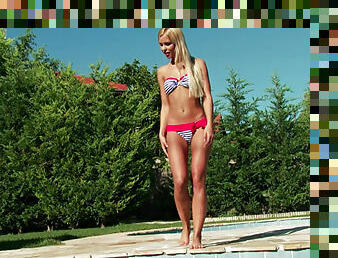 brudar, blond, pool, ensam, bikini, trädgård