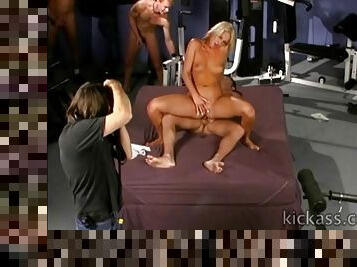 Behind the scenes of a gangbang with a blonde