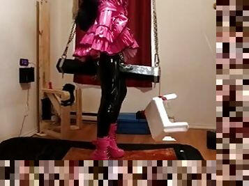 Sissy maid stuck on huge dildo on wooden pony