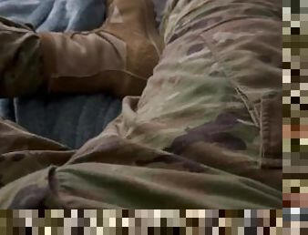 Horny US Army solider jerks off in his barracks in his full uniform and boots shooting a hot load