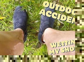 Desperate wetting accident outdoors piss on shoes and dress after party