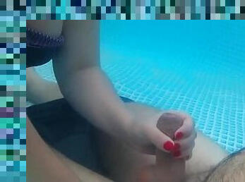 My boyfriend went on vacation, and I decided to jerk off to his friend in the pool!