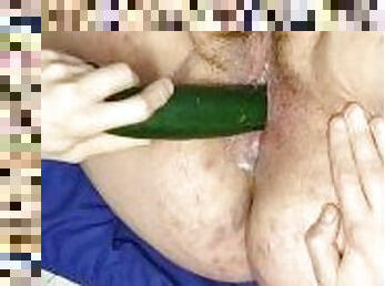 Skinny white guy eats SSBBW fat pussy and fucks her with a cucumber.