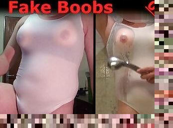 Fake Boobs FF-Cup: Getting white bodysuit wet with enourmous strapon tits. Shaved Sissy Tobi00815