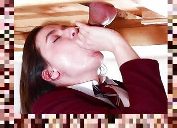 Naughty Uniformed Brunette Ellie Milks A Cock At The Milking Table