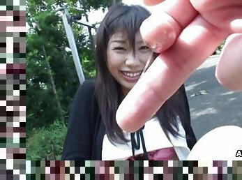 Japanese brunette Karin Asahi lets a stranger fingerfuck her hairy pussy on the street uncensored.