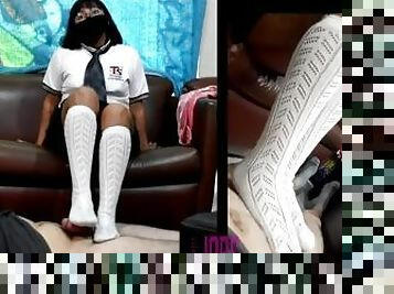 Footjob until cumshot by Schoolgirl in mexican school uniform while shes watching tv ignoring him