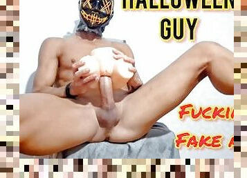Halloween guy fucking a fake ass in a chair - moaning and cumming inside