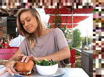 Blonde cutie Kennedy flashes her shaved pussy in the cafe