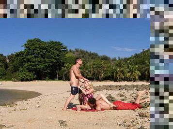 Blonde wife gets laid by the beach with two horny men