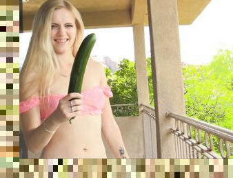 Kinky blonde dances her fine ass against a hugemongous cucumber in a close up shoot