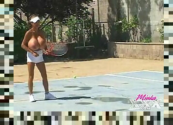 Topless ladies with fake tits on the tennis court