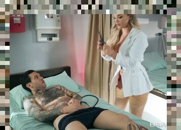 Tattooed patient needs help and busty doctor Cali Carter saves him